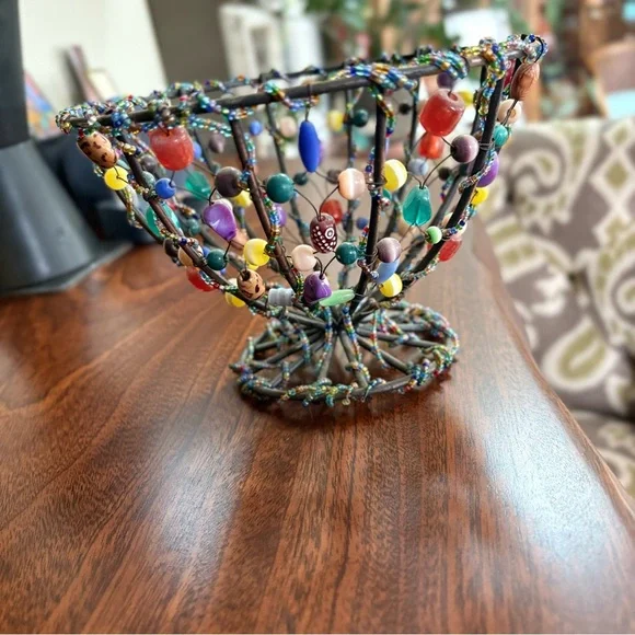 Handmade Wire Bowl/Art Glass Bead Basket - Boho Home Decor - Picture 3 of 7